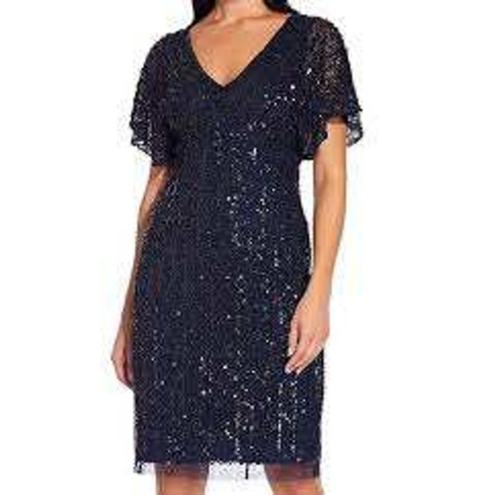 Adrianna Papell Navy Blue Sequin Beaded V-Neck Sheath Dress AP1E206645 Mens 4